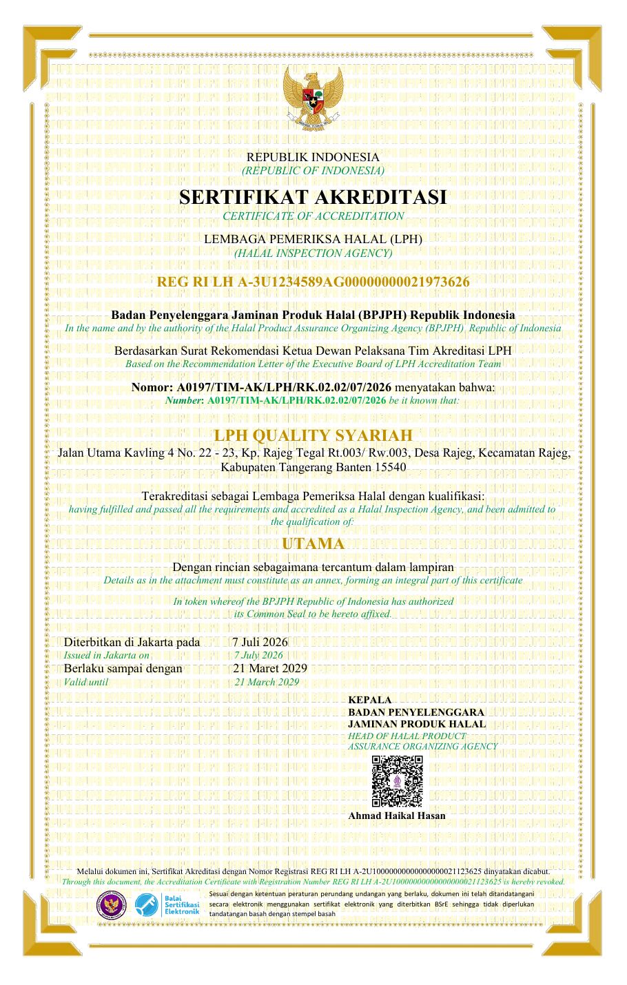 Sertifikat Akreditasi LPH Quality Syariah (hal 1)
